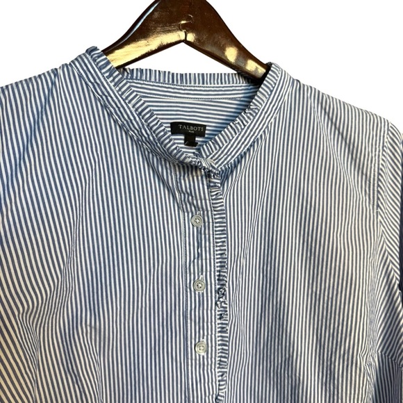 Talbots Women’s Plus Size 1X Blue/White Ruffle Collar Striped Long Sleeve Shirt - Picture 3 of 8